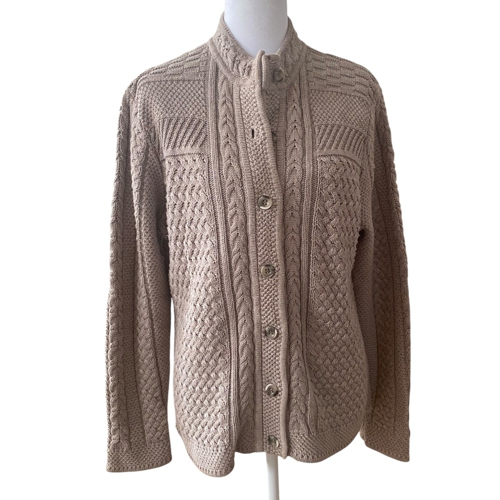 LL Bean Womens Taupe Cotton Mixed Cable Knit Button Cardigan Sweater 290399 L